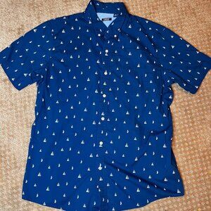 Izod Sailboat Print Short Sleeve Button Down Shirt Navy Blue/White Size XL